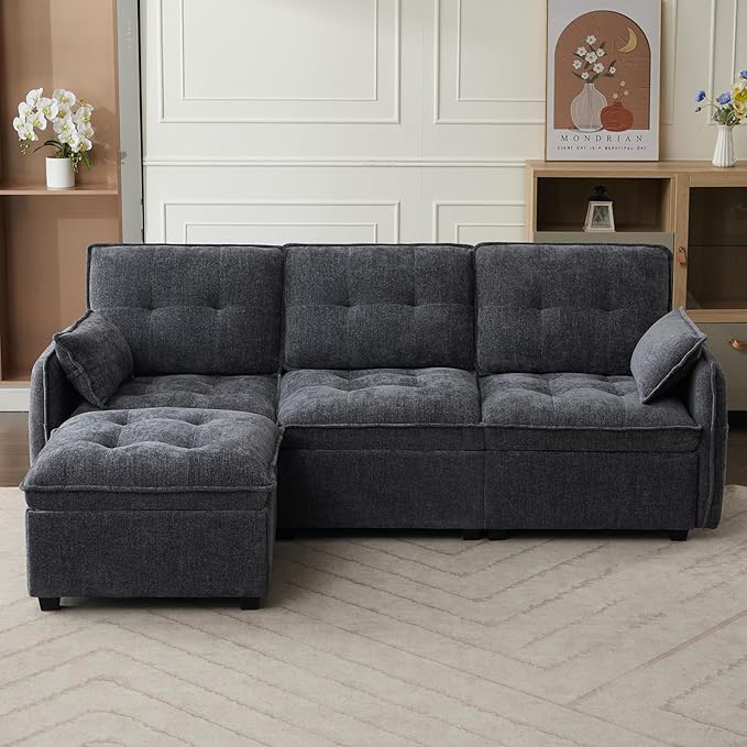 Modular Sectional Sofa 98'' Comfy Chenille L Shaped Sectional Cloud Couch with Movable Ottoman 4 Seater Deep Seat Sofa Sleeper with Throw Pillows for Living Room Office (Grey-Blue 3-seat)