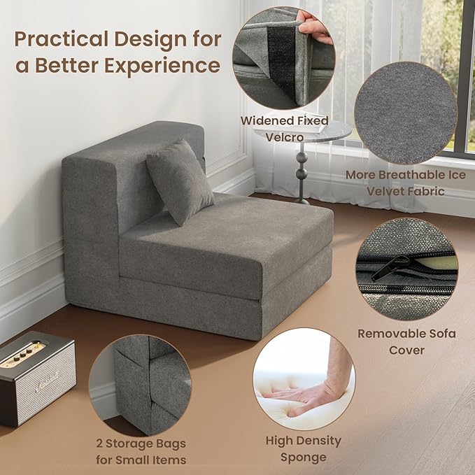 5-in-1 Convertible Folding Sofa Bed - Sleeper Chair with Pillow Fold Out Chair Bed Futon Couch Foldable Floor Mattress for Living Room/Dorm/Guest Use/Home Office/Apartment Single Dark Grey