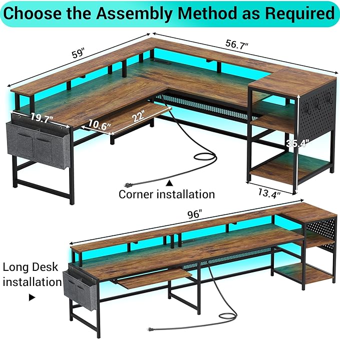 SEDETA L Shaped Computer Desk Reversible Computer Desks L Shaped Desk with Power Outlets &amp LED Strip Monitor Shelf Keyboard Tray Pegboard and Storage Shelves for Home Office Rustic Brown