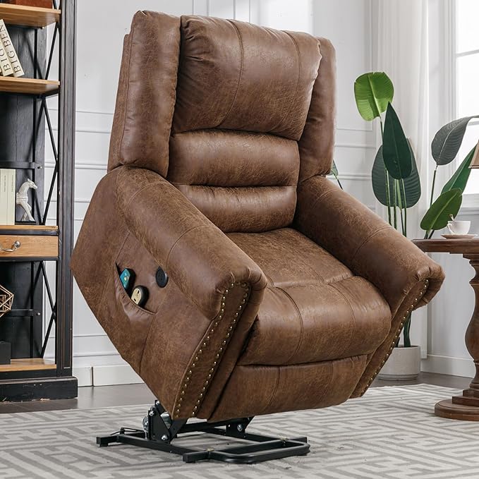 Power Lift Recliner Chair for Elderly with Massage and Heat Electric Recliner Chair with Rivet Decoration 2 Remote Controls Side Pockets &amp USB Ports for Home Office (Nut Brown)