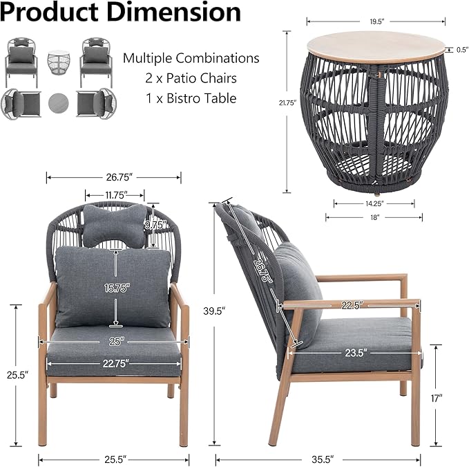 DAYRAUS Living Room Chairs Accent Chairs Set of 2 with Coffee Table Rattan Braid Arm Chair Comfy Reading Lounge Chair 3 Pieces Living Room Furniture Sets Bedroom Armchair for Outdoor Dark Gray