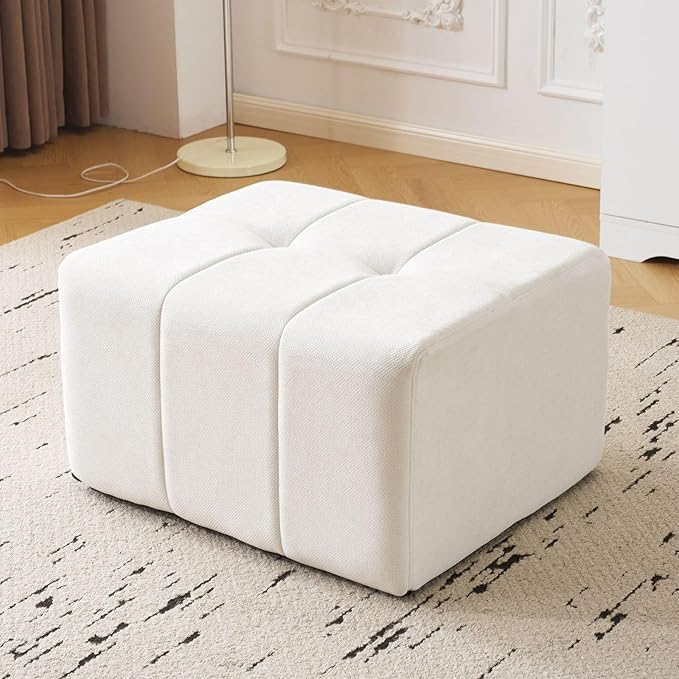 Square Stuffed Pouf OttomanChenille Poufs with Foam Chunk Filling27.9 X 16.1 Floor Poufs for SofaAccent Foot Rest Stool for Living RoomBedroomBeige