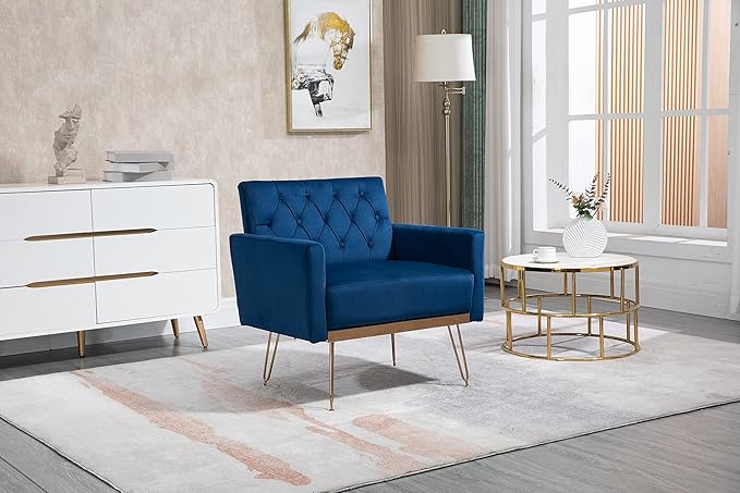 Velvet Accent Chair Upholstered Living Room Accent Armchair Leisure Single Chairs with Rose Golden feet Tufted Sofa Chairs for Home Office Living Room Bedroom Small Space (Navy)