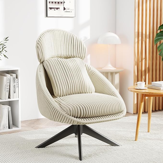 Furniliving Modern Accent Chair Upholstered Swivel Desk Chair for Living Room Sofa Chair for Bedroom Armchair Side Chair with Headrest Bedroom Chair with Pillow Comfy Corduroy Chairs Beige