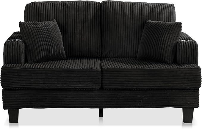 Homes: Inside + Out Reese Modern Plush Chenille Comfortable Loveseat with Side Pockets Cup Holders and Pillows Wooden Soft Couch for Living Room Bedroom and Office Black