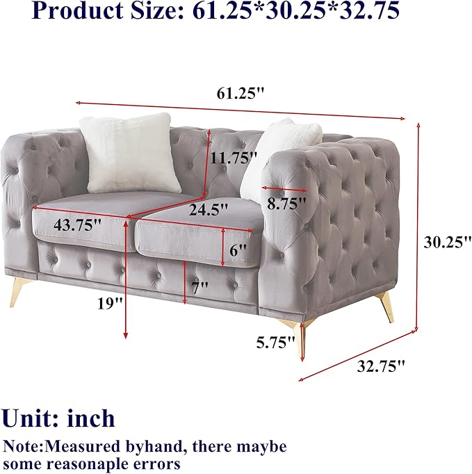 KEIKI 61 Luxury Oversized Velvet Chesterfield Sofa with 2 Pillows Mid-Century Style 2-Seater Tufted Buttons Couch with High-Density Foam Cushions Easy Assembly for Apartment Living Room Green