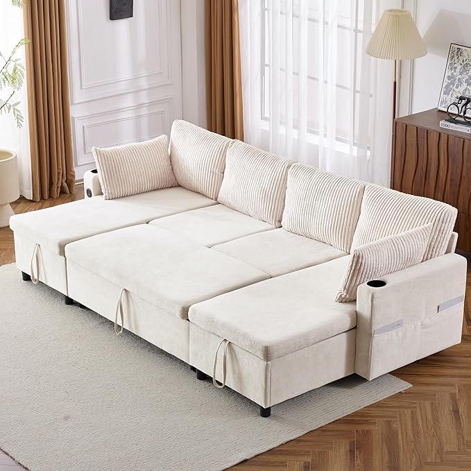 111.8 Sectional Sofa Pull-Out Sofa Bed with Double Storage Chaise Lounge Versatile Sofa Sleeper Couch with Cup Holders and USB Ports for Living Room Appartment Office (Beige-CF)