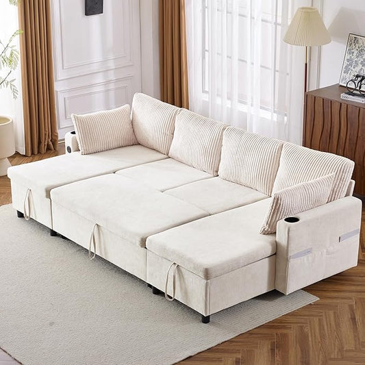 111.8 Sectional Sofa Pull-Out Sofa Bed with Double Storage Chaise Lounge Versatile Sofa Sleeper Couch with Cup Holders and USB Ports for Living Room Appartment Office (Beige-CF)