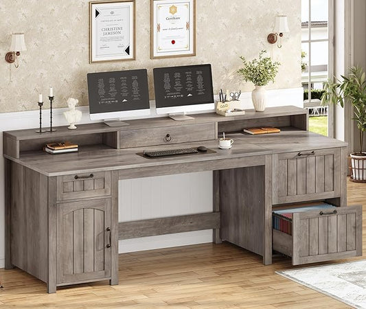 SEDETA Farmhouse 63 Executive Desk Wood Computer Desk with Drawers and Storage Cabinet Home Office Desk with File Drawer and Monitor Stand Wood Desk for Work Study Writing Grey