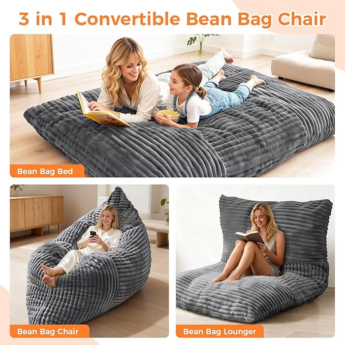 3 in 1 Giant Bean Bag Chair Convertible Bean Bag Bed for Adults and Kids Oversized Comfy Memory Foam Floor Sofa with Machine Washable Cover for Living Room Bedroom &amp Dorm(Grey)