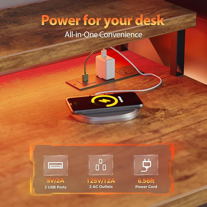 Mericonia Gaming Desk with Power Outlets &amp LED Lights Reversible Computer Desk with PC Case Stand Fabric Drawers Modern Office Desk with Shelves Monitor Stand
