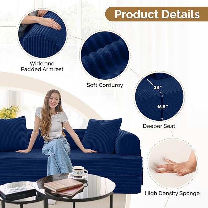 Convertible Corduroy Sleeper Sofa Bed with Cylindrical Pillow Folding Mattress Couch with Fixed-Shape Frame Floor Sofa Lounge Couch for Living Room Bedroom Lounge Studio Blue
