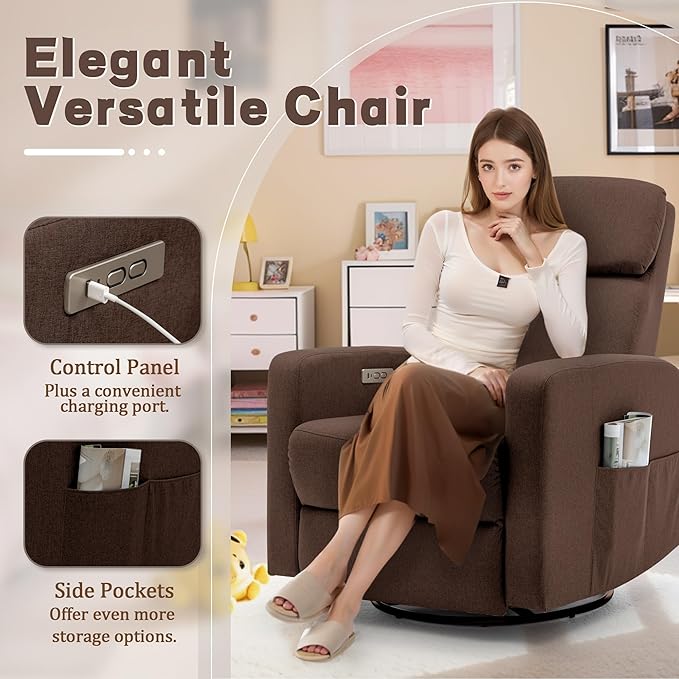 Power Swivel Recliner Chairs for Adults Electric Glider Rocking Chair Nursery Glider Recliner Nursery Chair with Classified Side Pocket Nursery Rocking Chairs with USB and Type-C Ports