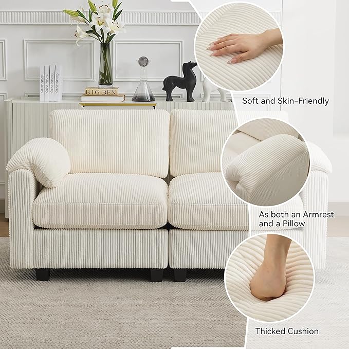 67'' Modular Loveseat Sofa Extra Deep Seat Cloud Couch for Living Room Corduroy Deep Seat Sofa with Armrest Pillows Center Stitched Beige