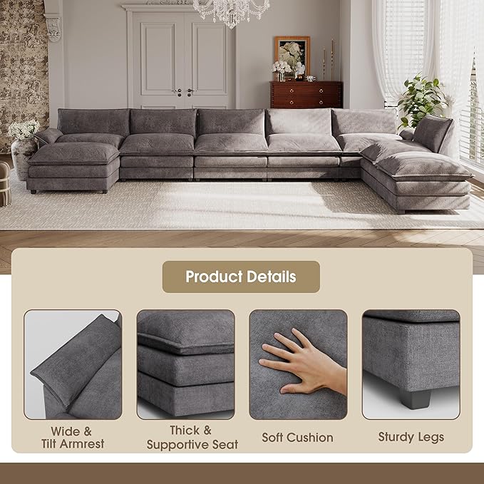 JUMMICO 198” Modular Oversized Sectional Sofa Couch Modern Wide Arm Deep Seat and Reversible Ottoman Sleeper Sofa Chenille Fabric for Living Room Apartment (Grey Oversized Sofa)
