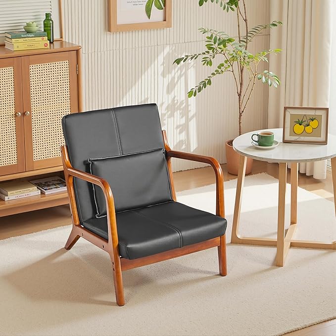 VECELO Mid-Century Modern Accent Chair with Faux Leather Cushion &amp Solid Wood Frame Lounge Armchair for Living Room Bedroom Office Black