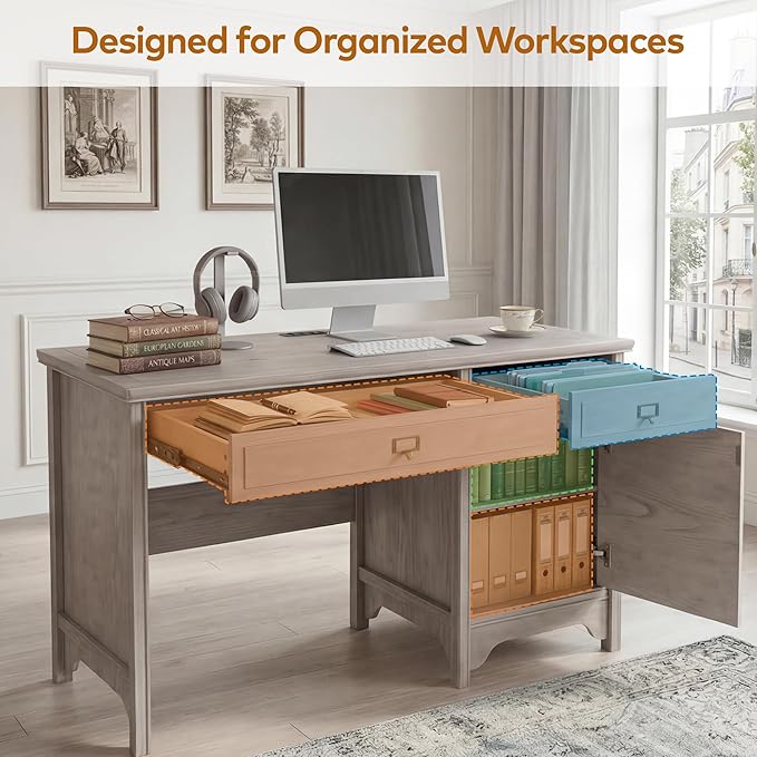 Chogori 47 Solid Wood Executive Desk Farmhouse Office Computer Desk with 2 Drawers &amp Storage Cabinet Wooden Writing Table for Home Office Study Bedroom (Gray)