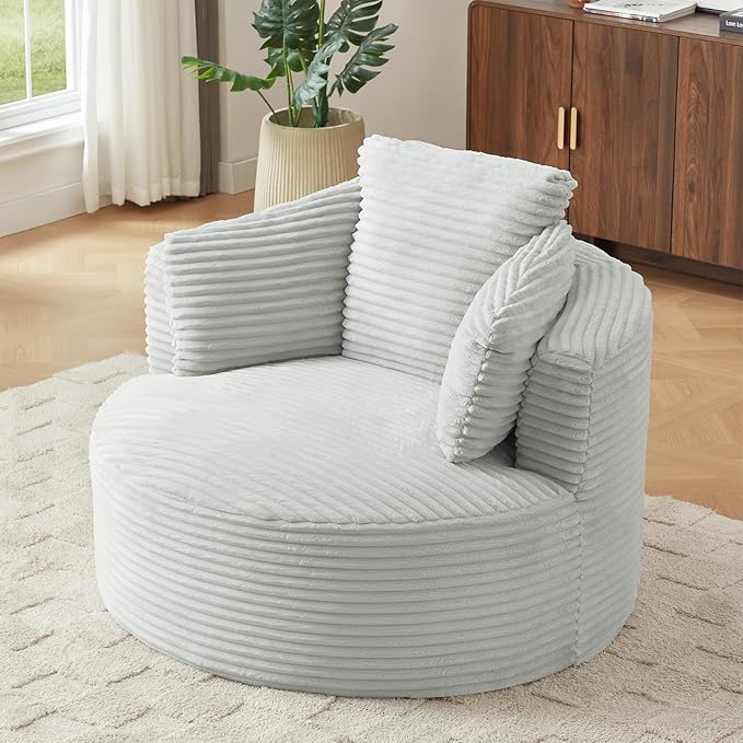 Round Chair Lounge Chaise Indoor 48.8 Oversized Sofa Chair Upholstered Corduroy Deep Seat Sleeper Sofa Bed No Assembly Required for Living Room Bedroom Apartment Light Grey