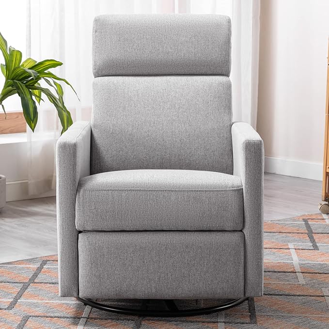 Modern Upholstered Recliner Chair with Tall Backrest Rocker Nursery Chair Plush Seating Glider Swivel Recliner Chair Single Sofa Home Theater Seating with Square Arms (Gray+Square Arms)