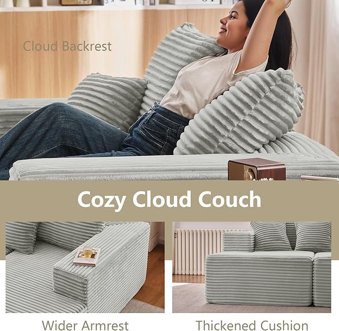 74.8 Oversized Double Chaise Lounge Indoor Upholstered Deep Seat Cloud Couch Corduroy Lounge Chair Modern Sofa Bed Loveseat Sleeper Chair for Living Room Bedroom Apartment Light Grey