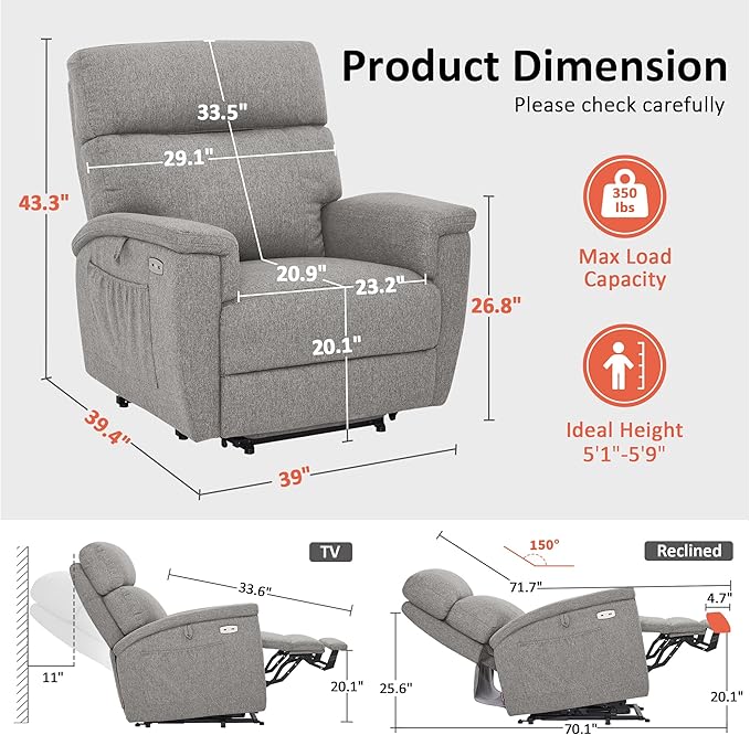 MCombo Power Lift Recliner Chair with Massage and Dual Heating Adjustable Headrest Extended Footrest for Elderly People Fabric R7605 (Mist Grey)