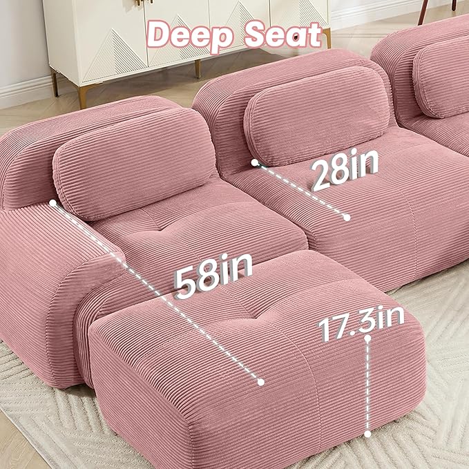 117.3” Modular Sectional Sofa Corduroy Boneless Sofa for Living Room Comfy 5 Seater Sleeper Cloud Couch Sectional with Deep Seat and 3 Ottoman &amp Button Tufted Cushions No Assembly