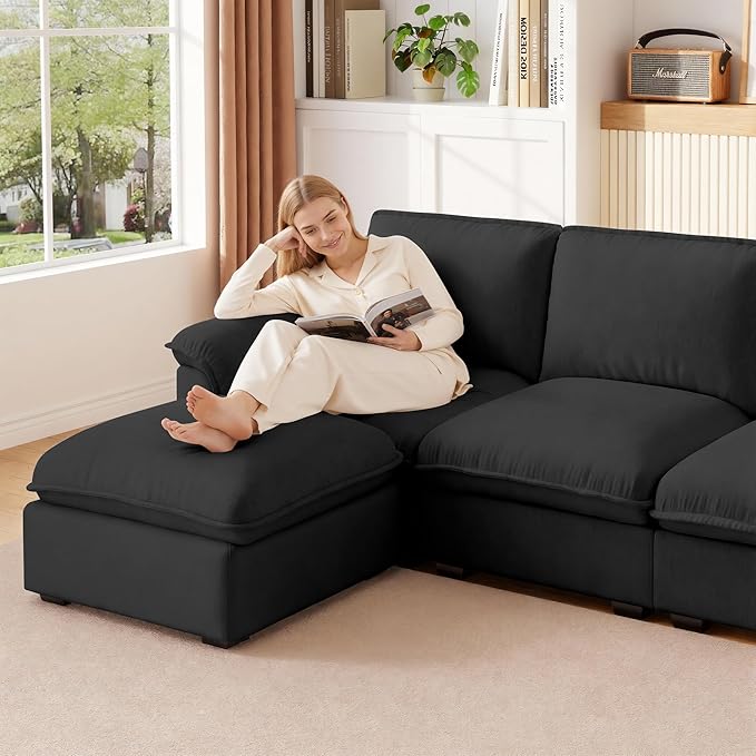 KEIKI 102 3Seat Modular Sectional Velvet Sofa Couch with Chaise Memory Foam for Urban Loft Small Space Style Conscious Urban Professionals Warm Inviting Comfy Supportive Premium Design Black