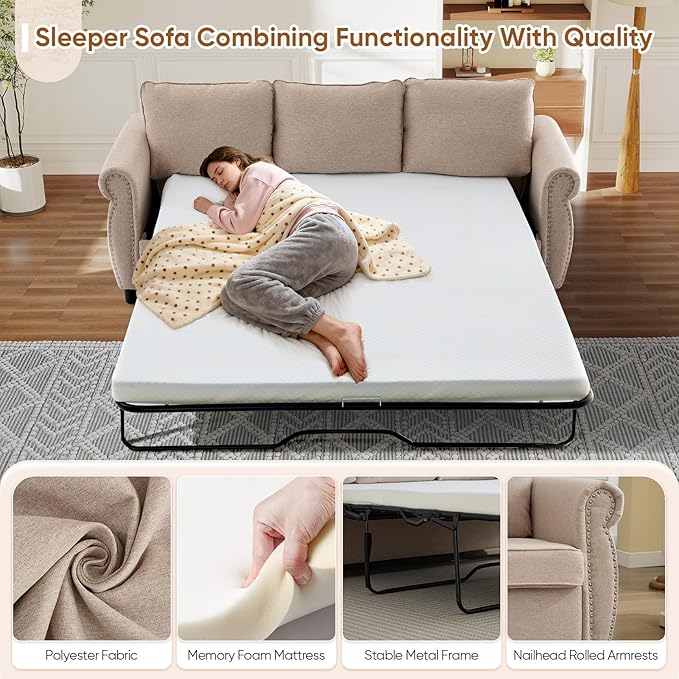Queen Pull Out Sofa Bed 2-In-1 Pull Out Couch Bed with Memory Foam Mattress &amp Riveted Rolled Armrests 3 Seater Convertible Sleeper Sofa Foldable Couch for Living Room Bedroom Apartment(Beige)