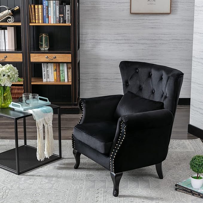 chairus Mid-Century Modern Accent Chair Comfy Tufted Single Sofa Chair Wingback Armchair with Pillow for Club Living Room Bedroom - Velvet Black