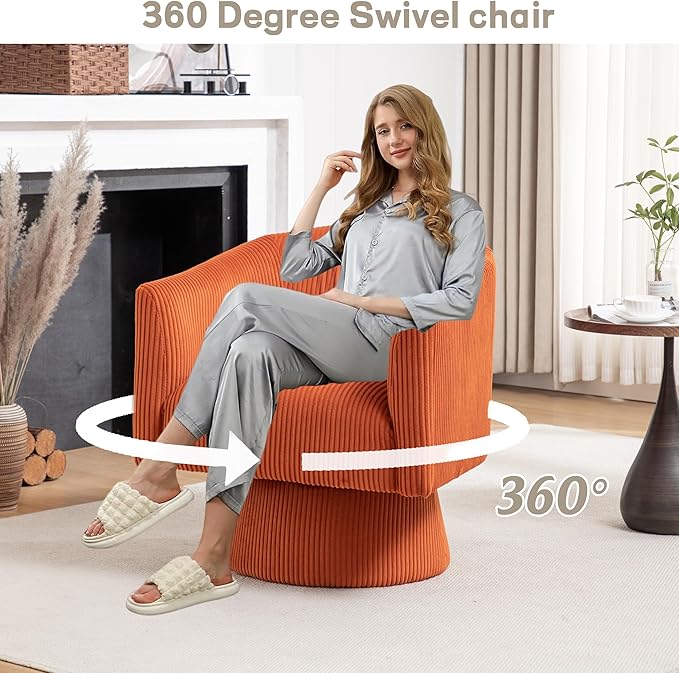 Swivel Accent ChairModern 360° Swivel Barrel Chair Corduroy Upholstered Single Sofa for Living Room Bedroom(Orange)