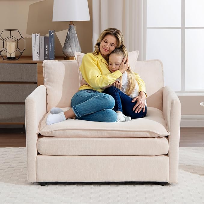 SLEERWAY Oversized Chair with Ottoman Set Modern Comfy Chenille Living Room Large Single Cloud Couch Accent Lounge Chair Indoor and A Half for Bedroom Office Apartment Beige