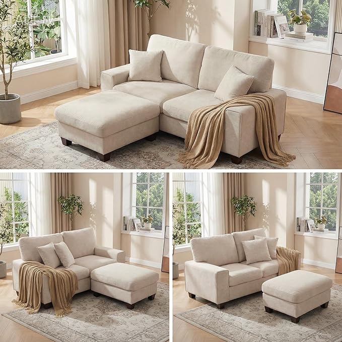 DOPEDIO L-Shaped Sectional Sofa with Storage Ottoman Modern Chenille Recliner Loveseat Removable Couch Covers Pocket Spring Cushions Solid Wood Frame Easy to Install (71.25inch Beige)