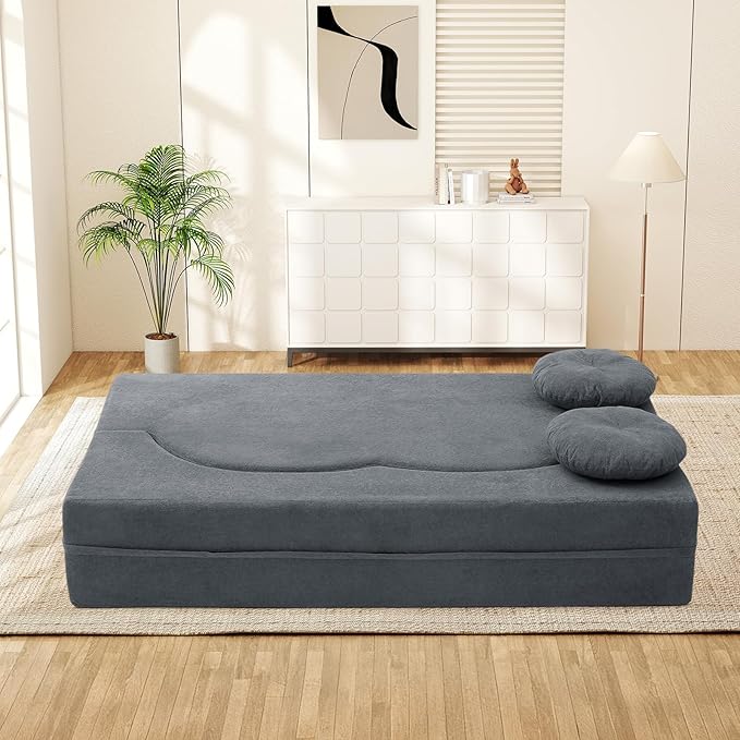 Folding Futon Sofa Bed Modern Convertible Fold Out Chenille Cloud Memory Foam Boneless Floor Lounge Loveseat Sleeper Mattress Sofa Couch with 2 Pillows for Guest Room Living Room Office Grey