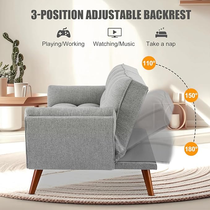 Convertible Futon Sofa Bed Sleeper Couch Bed with Adjustable Backrests Linen 3 Seater Small Couches for Small Spaces Living Room Bedroom(Gray 75)