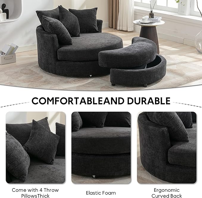 Yoglad Oversized Round Swivel Accent Chair - Modern 360 Degree Barrel Chairs with Storage Ottoman for Living Room Bedroom(Chenille- Gray)