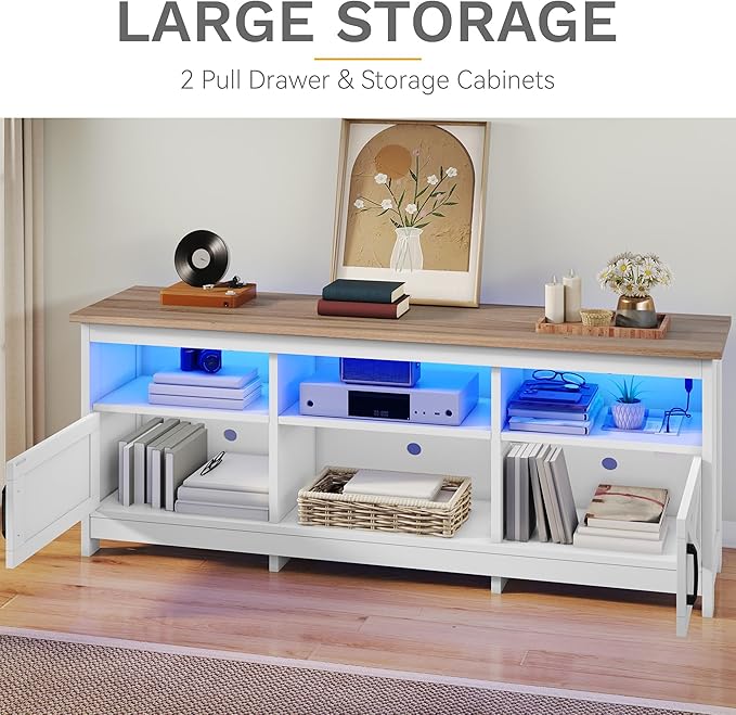 DWVO TV Stand for up to 65 Inch TV Entertainment Center with Storage TV Cabinet with Power Outlet &amp LED Light Strip Media Console Television Stands for Living Room White &amp Walnut