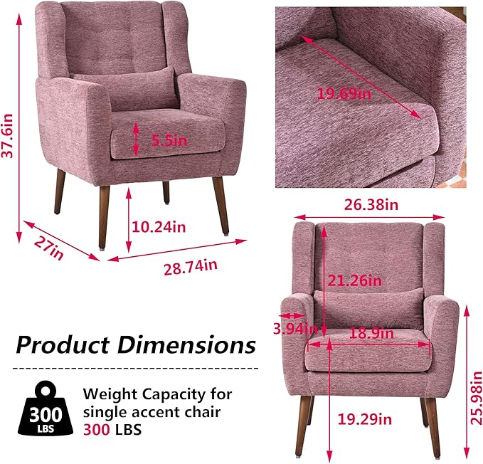 Modern Accent Chair Chenille Fabric Upholstered Tufted Side Chair Wingback ChairMid Century Reading Armchair with Waist Pillow Backrest for Living Room Bedroom (Dark Purple)