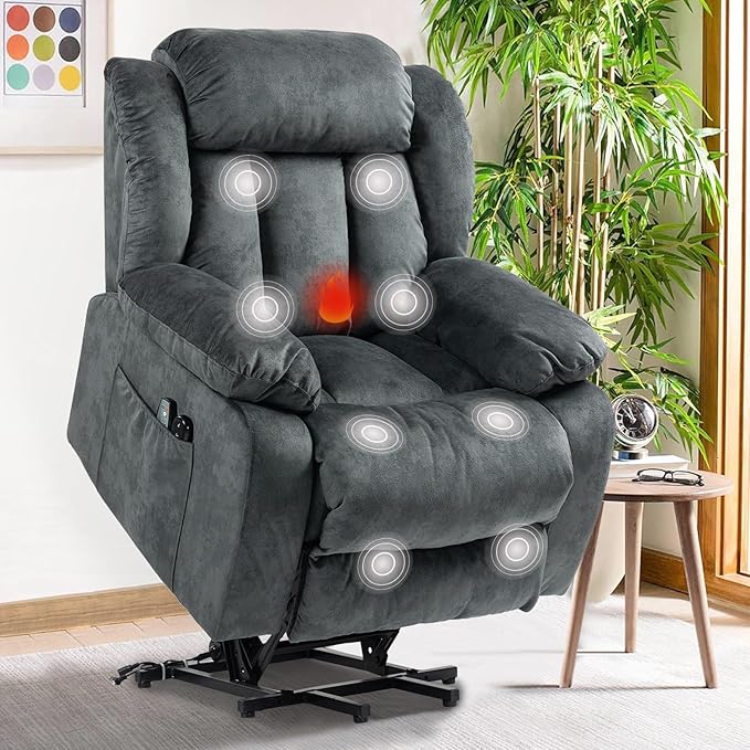 cinkehome Power Lift Recliner Chair for Elderly with Heated Massage Electric Lift Chairs Overstuffed Reclining Chair with Remote Control and Side Pockets for Living Room Bedroom (Velvet Gray)