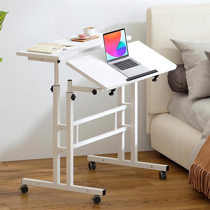 sogesfurniture Mobile Standing Computer Desk for Home Office Height Adjustable Laptop Workstation on Wheels with Keyboard Tray Small Portable Rolling Writing Table Sit to Stand Riser White