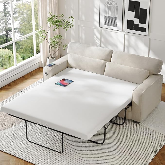Marsail Pull Out Sofa Bed Full Size Sleeper Sofa with Memory Foam Mattress 2 USB Charging and Removable Covers Loveseat for Living Room Apartment Supports 600 LBS Chenille Fabric White