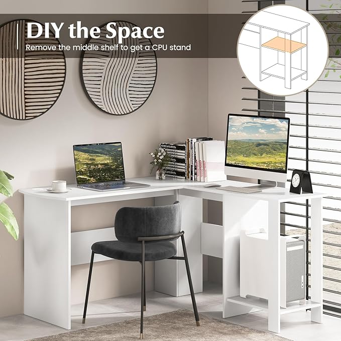 Nightcore 51 Inch L Shaped Desk with Storage Corner Desk with Open Shelves and CPU Stand Modern Office Computer Desk for Gaming Work Study Home Office White