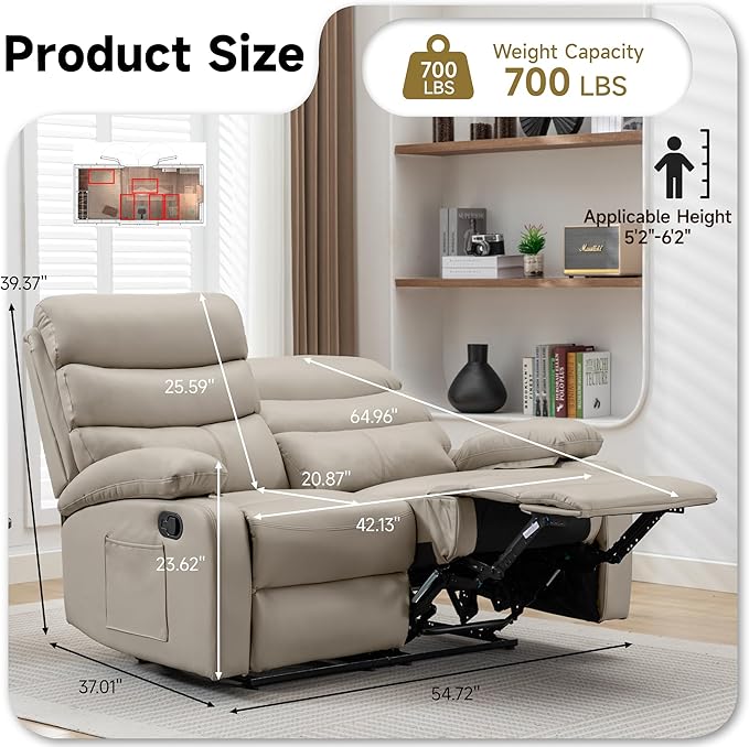 Reclining Loveseat Anti-Scratch Leather Double Recliner Sofa with Side Pocket Wall Hugger Loveseat Recliner for Living Room RV Home Theater(Beige)