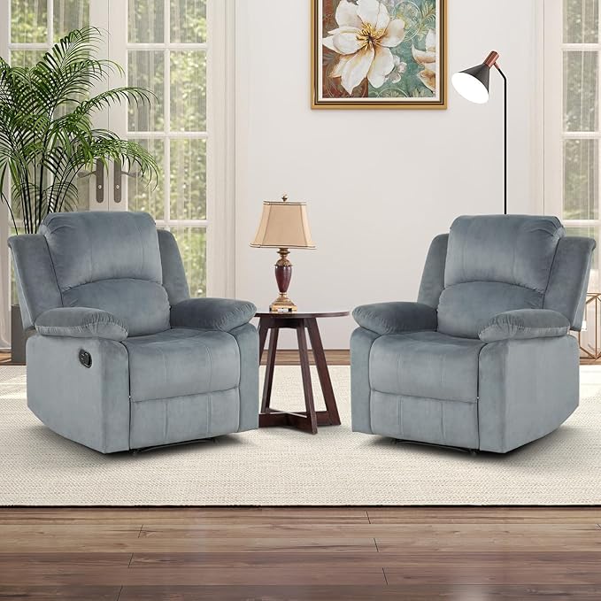 CANMOV Manual Recliner Chair Set of 2 Soft Fabric Overstuffed Recliner Single Sofa Chair for Living Room Heavy Duty and Safety Reclining Mechanism (Blue Grey)