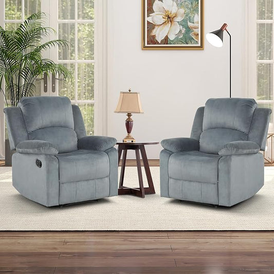 CANMOV Manual Recliner Chair Set of 2 Soft Fabric Overstuffed Recliner Single Sofa Chair for Living Room Heavy Duty and Safety Reclining Mechanism (Blue Grey)