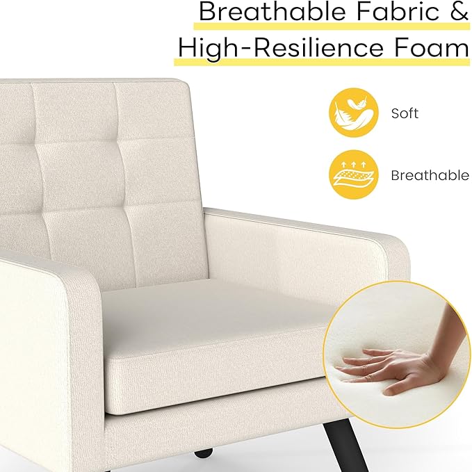 Kromax Mid-Century Modern Accent Chair for Living Room 496 Lb. Weight Capacity Dual Armrests Comfy Extra Large Seat Timeless Style Perfect for Reading &amp Relaxing Cream