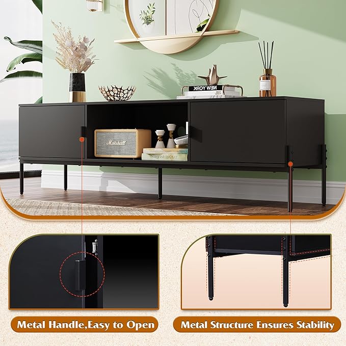 WLIVE TV Stand for 65 Inch TV Mid Century Modern Entainment Center with 2 Storage Cabinets &amp Open Shelf TV Console Table Media with Metal Legs for Living Room Bedroom Black