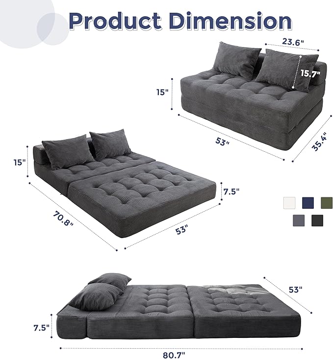 MAXYOYO Folding Sofa Couch Convertible Floor Sleeper Couch with 2 Pillows Tufted Floor Loveseat Couch Tufted Fold Out Chair Bed Comfy Sofa Lounge for Living Room Bedroom Dark Grey