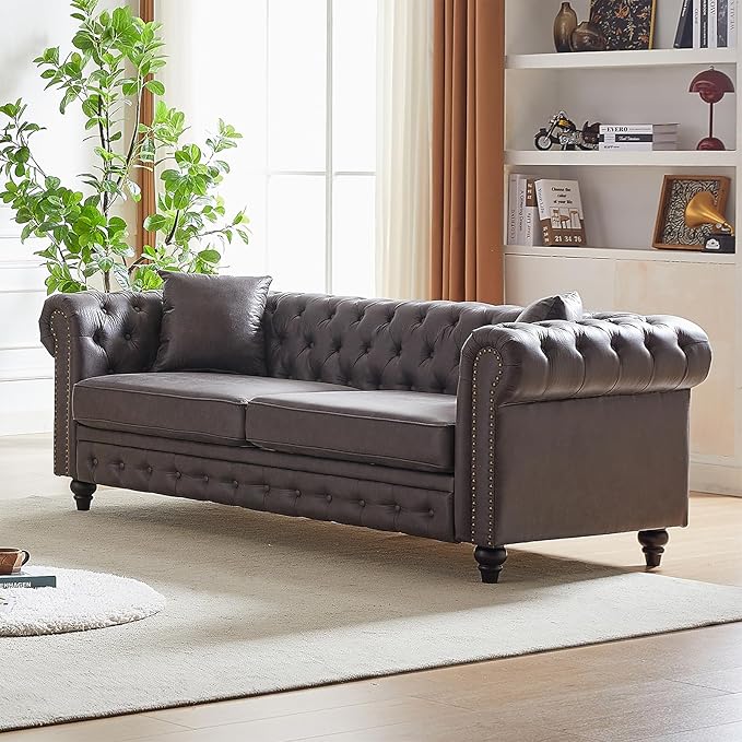 Modern Chesterfield Sofa Couch 85.5-inch Faux Leather 3-Seater Sofa with Rolled Arms and Tufted Button for Living Room Office Grey