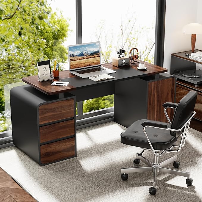 63-Inch Home Office Desk with 3 Drawers and Storage Cabinet Modern Farmhouse Executive Desks with 2 Tone Desktop and Privacy Panel for Living Room Bedroom Small Space Black &amp Walnut