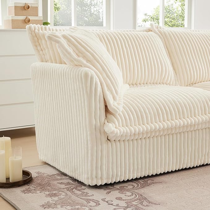 Modular Accent Armchair with Ottoman and Pillows Soft Corduroy Lounge Chair for Living Room Bedroom or Reading Nook – Oversized Chaise Lounge Design (White Single Chair)